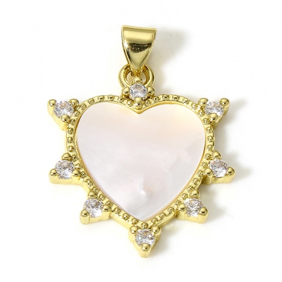 Imagen de 1 Unidad Latón día de San Valentín Colgantes Charms Corazón 18K Oro Real Chapado Claro Circón Artificial 29mm x 21mm