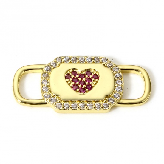 Immagine di 1 Pz Ottone Pendenti Charms Connettori Accessori Cuore 18K Oro riempito Micro Spianare Trasparente & Rosso Cubic Zirconiae 24mm x 11mm                                                                                                                        