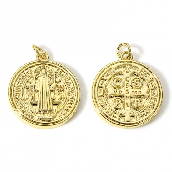 Imagen de 1 Unidad Latón Religión Colgantes Charms Ronda 18K Oro Real Chapado Medalla de San Benito Doble Cara 26mm x 20mm