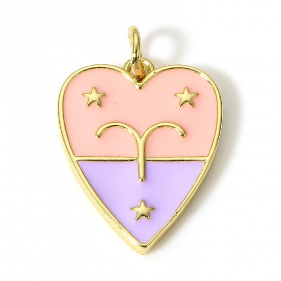 Immagine di 1 Pz Ottone Charms Cuore 18K Vero Oro Placcato Costellazione Ariete Smalto 22mm x 15mm