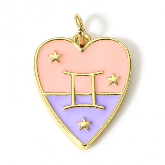Immagine di 1 Pz Ottone Charms Cuore 18K Vero Oro Placcato Costellazione Gemelli Smalto 22mm x 15mm