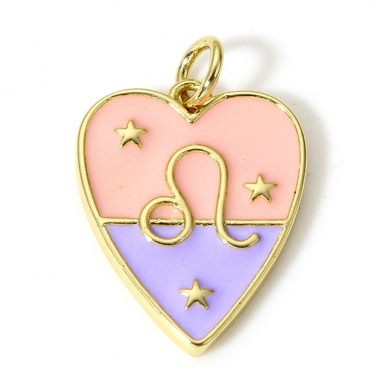 Immagine di 1 Pz Ottone Charms Cuore 18K Vero Oro Placcato Costellazione Leone Smalto 22mm x 15mm