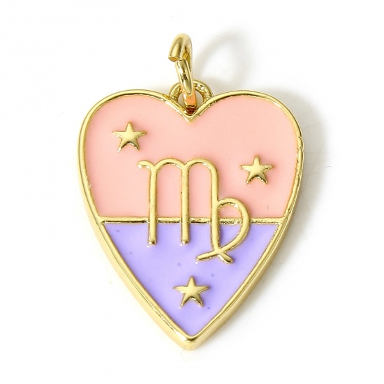 Immagine di 1 Pz Ottone Charms Cuore 18K Vero Oro Placcato Costellazione Vergine Smalto 22mm x 15mm