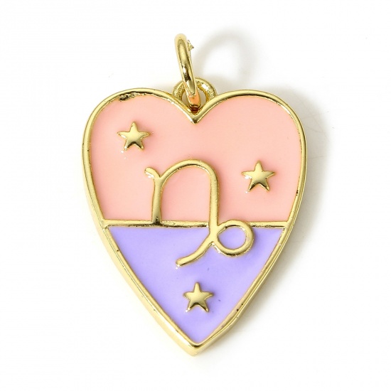 Immagine di 1 Pz Ottone Charms Cuore 18K Vero Oro Placcato Costellazione Capricorno Smalto 22mm x 15mm
