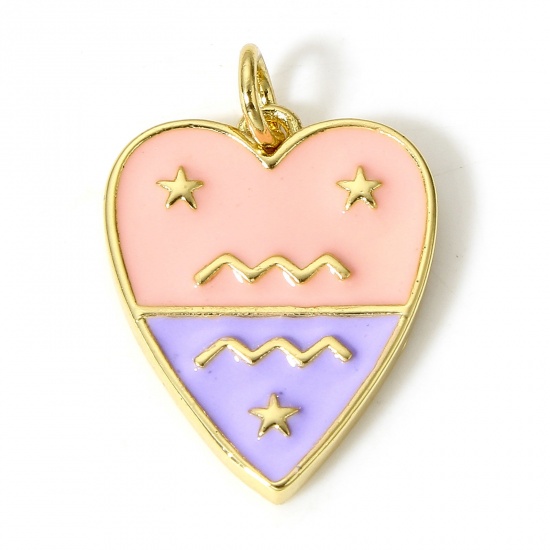Immagine di 1 Pz Ottone Charms Cuore 18K Vero Oro Placcato Costellazione Acquario Smalto 22mm x 15mm