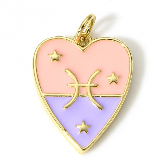 Immagine di 1 Pz Ottone Charms Cuore 18K Vero Oro Placcato Costellazione Pesci Smalto 22mm x 15mm