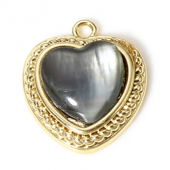 Picture of 1 Piece Shell & Brass Valentine's Day Charms 18K Real Gold Plated Heart 13.5mm x 12mm