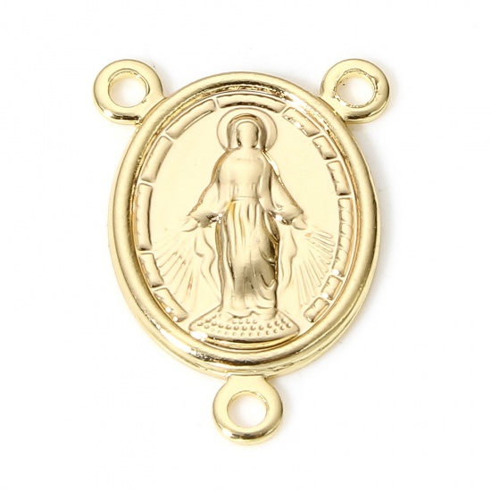 Picture of 10 PCs Brass Religious Connectors Charms Pendants Oval Virgin Mary 18K Real Gold Plated 17mm x 12mm