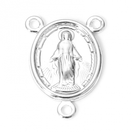 Picture of 10 PCs Brass Religious Connectors Charms Pendants Oval Virgin Mary Real Platinum Plated 17mm x 12mm