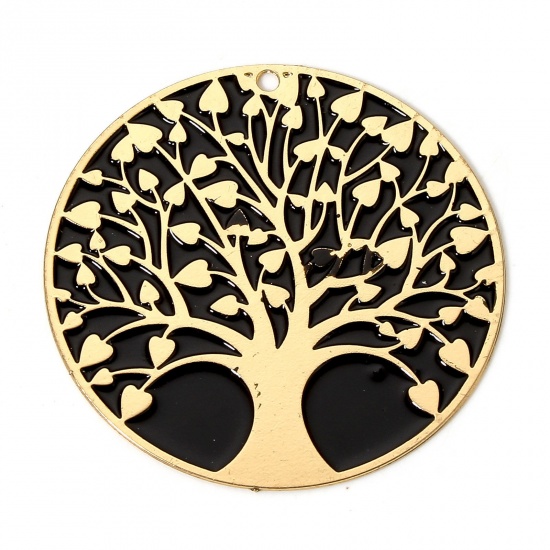 Picture of 2 PCs Iron Based Alloy Filigree Stamping Pendants Gold Plated Black Round Tree of Life Enamel 4cm Dia.