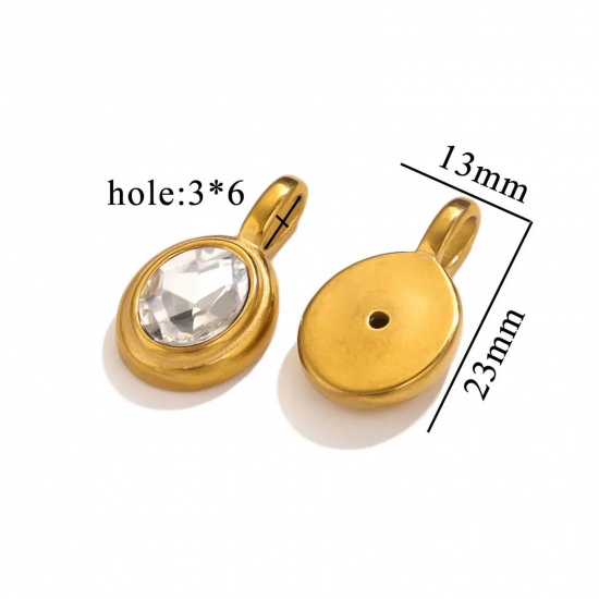 1 個 真空メッキ 304ステンレス鋼 チャーム 楕円形 18Kゴールドメッキ 透明 ラインストーン 13mm x 23mm、 の画像