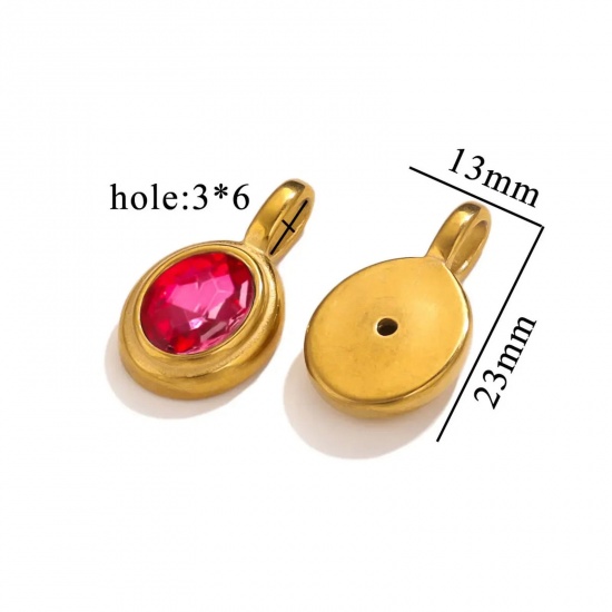 1 個 真空メッキ 304ステンレス鋼 チャーム 楕円形 18Kゴールドメッキ ピンク ラインストーン 13mm x 23mm、 の画像