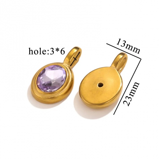 1 個 真空メッキ 304ステンレス鋼 チャーム 楕円形 18Kゴールドメッキ アメジスト ラインストーン 13mm x 23mm、 の画像
