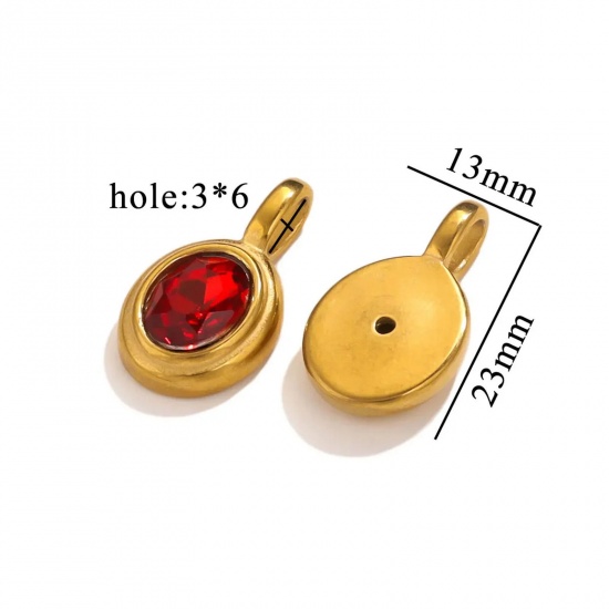1 個 真空メッキ 304ステンレス鋼 チャーム 楕円形 18Kゴールドメッキ レッド ラインストーン 13mm x 23mm、 の画像