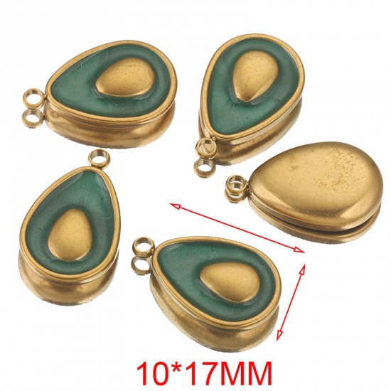 Picture of 1 Piece Vacuum Plating 304 Stainless Steel Charms 18K Gold Plated Green Avocado Fruit Enamel 10mm x 17mm