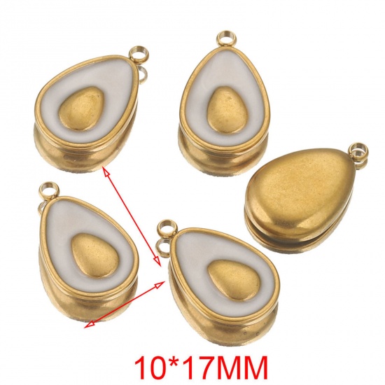 Picture of 1 Piece Eco-friendly Vacuum Plating 304 Stainless Steel Charms 18K Gold Color White Avocado Fruit Enamel 10mm x 17mm