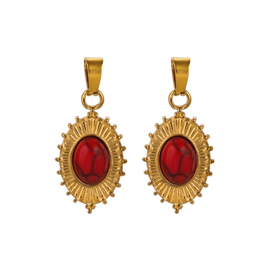 Picture of 1 Piece Eco-friendly Vacuum Plating 304 Stainless Steel & Stone Boho Chic Bohemia Charms 18K Gold Plated Oval 13mm x 22mm