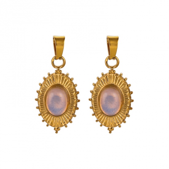 Picture of 1 Piece Eco-friendly Vacuum Plating 304 Stainless Steel & Stone Boho Chic Bohemia Charms 18K Gold Plated Oval 13mm x 22mm