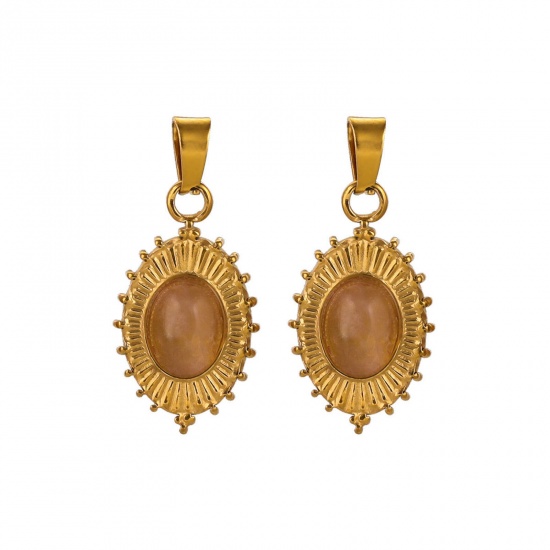 Picture of 1 Piece Eco-friendly Vacuum Plating 304 Stainless Steel & Stone Boho Chic Bohemia Charms 18K Gold Plated Oval 13mm x 22mm