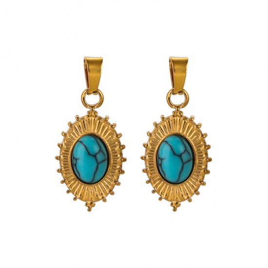 Picture of 1 Piece Eco-friendly Vacuum Plating 304 Stainless Steel & Stone Boho Chic Bohemia Charms 18K Gold Plated Oval 13mm x 22mm