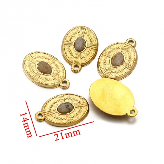 Picture of 1 Piece Eco-friendly Vacuum Plating 304 Stainless Steel & Stone Boho Chic Bohemia Charms 18K Gold Plated Oval 14mm x 21mm