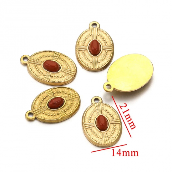 Picture of 1 Piece Eco-friendly Vacuum Plating 304 Stainless Steel & Stone Boho Chic Bohemia Charms 18K Gold Plated Oval 14mm x 21mm