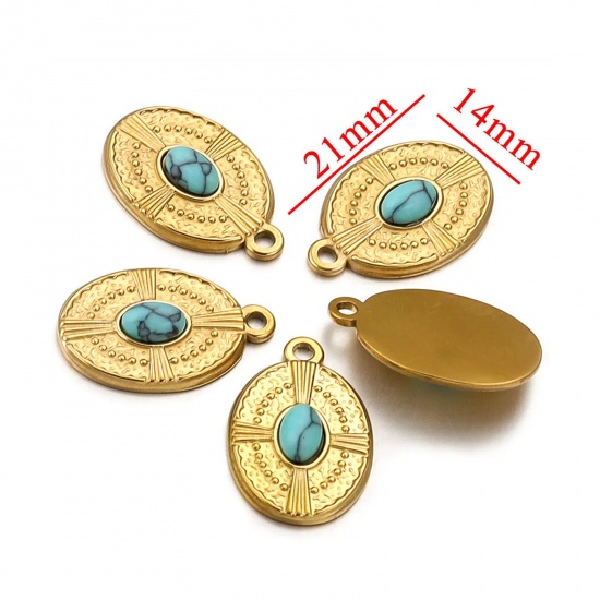 Picture of 1 Piece Eco-friendly Vacuum Plating 304 Stainless Steel & Stone Boho Chic Bohemia Charms 18K Gold Plated Oval 14mm x 21mm