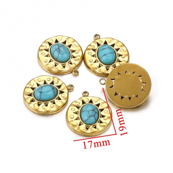 Picture of 1 Piece Eco-friendly Vacuum Plating 304 Stainless Steel & Stone Boho Chic Bohemia Charms 18K Gold Plated Round 17mm x 19mm