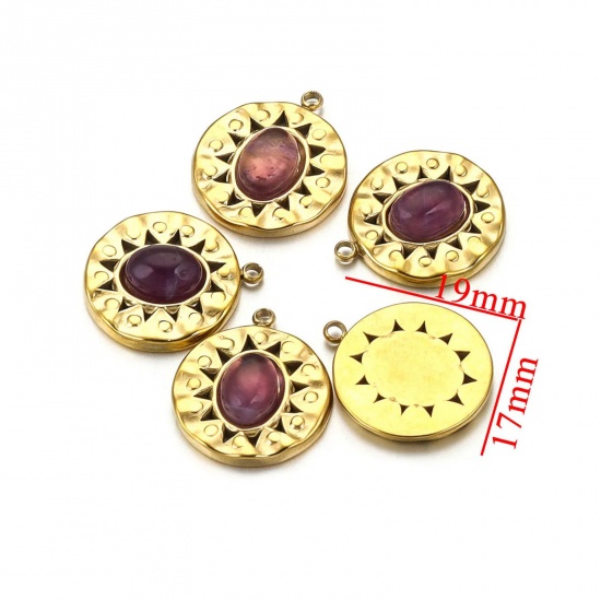 Picture of 1 Piece Eco-friendly Vacuum Plating 304 Stainless Steel & Stone Boho Chic Bohemia Charms 18K Gold Plated Round 17mm x 19mm