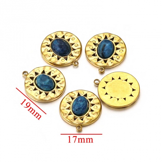 Picture of 1 Piece Eco-friendly Vacuum Plating 304 Stainless Steel & Stone Boho Chic Bohemia Charms 18K Gold Plated Round 17mm x 19mm