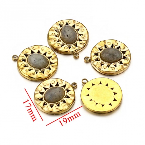 Picture of 1 Piece Eco-friendly Vacuum Plating 304 Stainless Steel & Stone Boho Chic Bohemia Charms 18K Gold Plated Round 17mm x 19mm