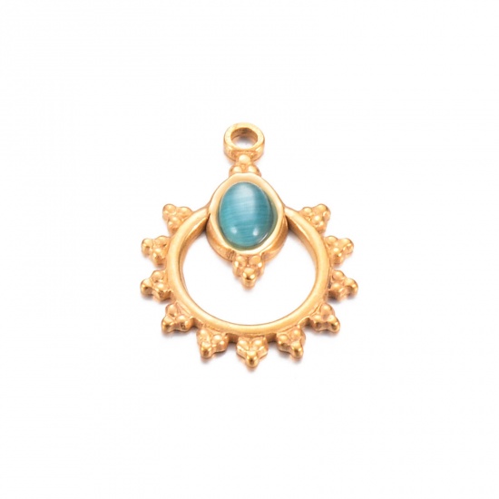 Bild von 1 Stück Umweltfreundliche Vakuumbeschichtung 304 Edelstahl & Stein Charms Sonne 18K Gold Hellblau Hohl 18mm x 24mm