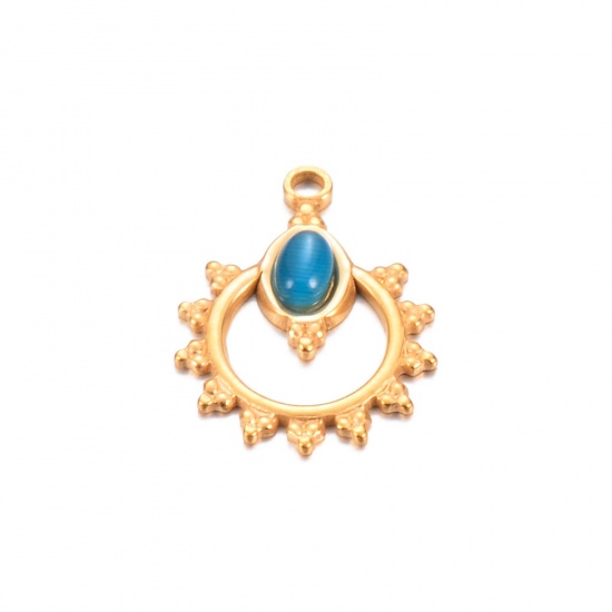 Bild von 1 Stück Umweltfreundliche Vakuumbeschichtung 304 Edelstahl & Stein Charms Sonne 18K Gold Azurblau Hohl 18mm x 24mm