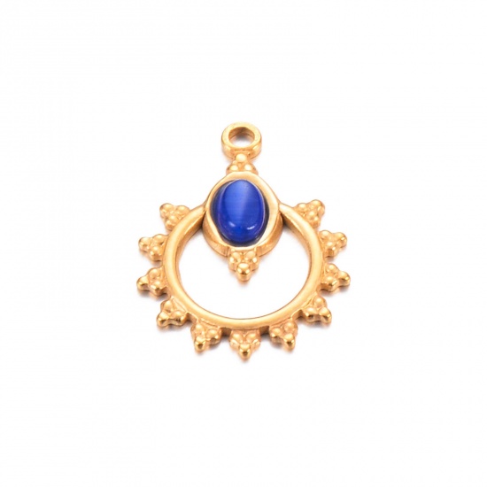 Bild von 1 Stück Umweltfreundliche Vakuumbeschichtung 304 Edelstahl & Stein Charms Sonne 18K Gold Blau Hohl 18mm x 24mm