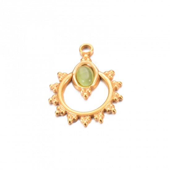 Bild von 1 Stück Umweltfreundliche Vakuumbeschichtung 304 Edelstahl & Stein Charms Sonne 18K Gold Hellgrün Hohl 18mm x 24mm