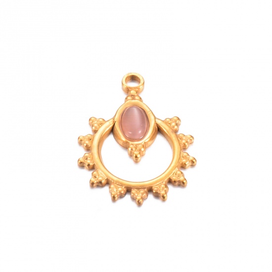 Bild von 1 Stück Umweltfreundliche Vakuumbeschichtung 304 Edelstahl & Stein Charms Sonne 18K Gold Rosa Hohl 18mm x 24mm