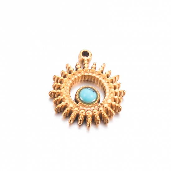 Bild von 1 Stück Umweltfreundliche Vakuumbeschichtung 304 Edelstahl & Stein Charms Rund 18K Gold Azurblau Sonnenstrahlen Hohl 14mm x 16mm