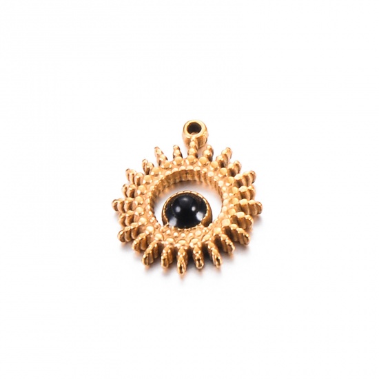 Bild von 1 Stück Umweltfreundliche Vakuumbeschichtung 304 Edelstahl & Stein Charms Rund 18K Gold Schwarz Sonnenstrahlen Hohl 14mm x 16mm