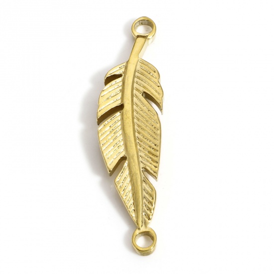 Picture of 1 Piece Vacuum Plating 304 Stainless Steel Pendants 18K Gold Plated Feather 3.9cm x 1cm