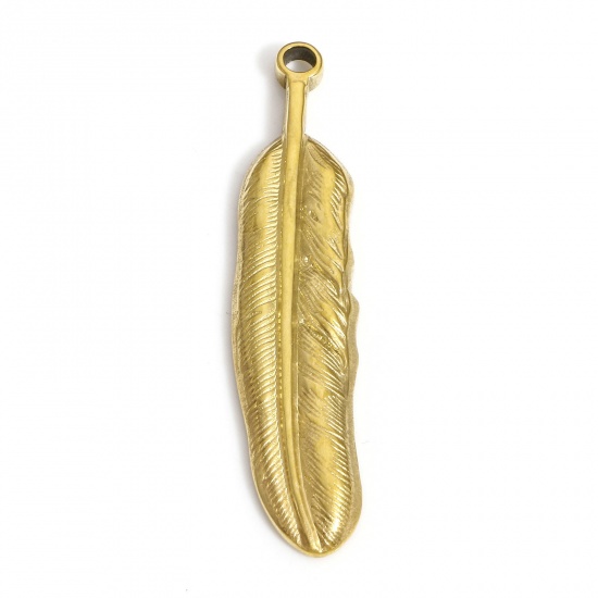 Picture of 1 Piece Vacuum Plating 304 Stainless Steel Pendants 18K Gold Plated Feather 3.6cm x 0.9cm