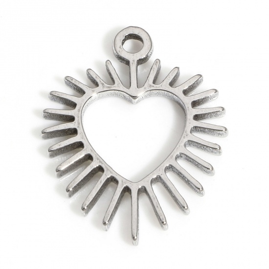 Picture of 1 Piece 304 Stainless Steel Valentine's Day Charms Silver Tone Heart Sun Rays 20mm x 16mm