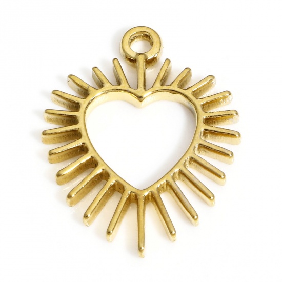 Picture of 1 Piece 304 Stainless Steel Valentine's Day Charms 18K Gold Color Heart Sun Rays 20mm x 16mm