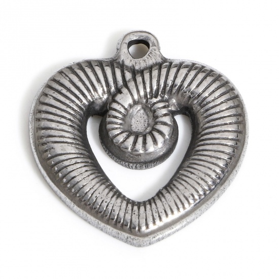 Picture of 1 Piece 304 Stainless Steel Valentine's Day Charms Silver Tone Heart Stripe 22.5mm x 21mm