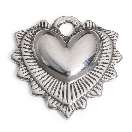 Picture of 1 Piece 304 Stainless Steel Valentine's Day Charms Silver Tone Heart Stripe 18mm x 18mm