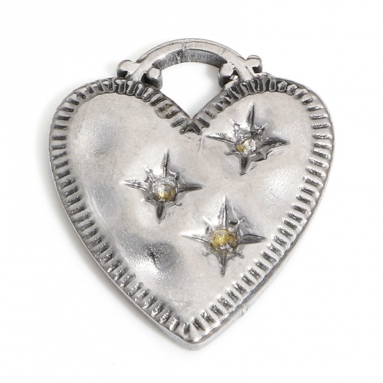 Picture of 1 Piece 304 Stainless Steel Valentine's Day Charms Silver Tone Heart Star (Can Hold ss5 Pointed Back Rhinestone) 20mm x 17mm