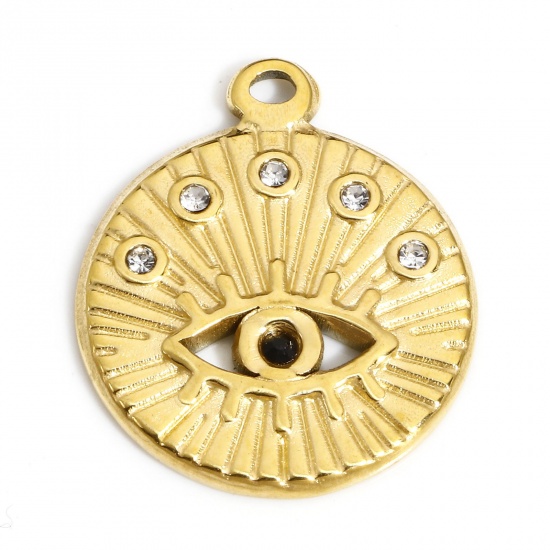 Picture of 1 Piece 304 Stainless Steel Religious Charms 18K Gold Color Round Evil Eye 22mm x 19mm