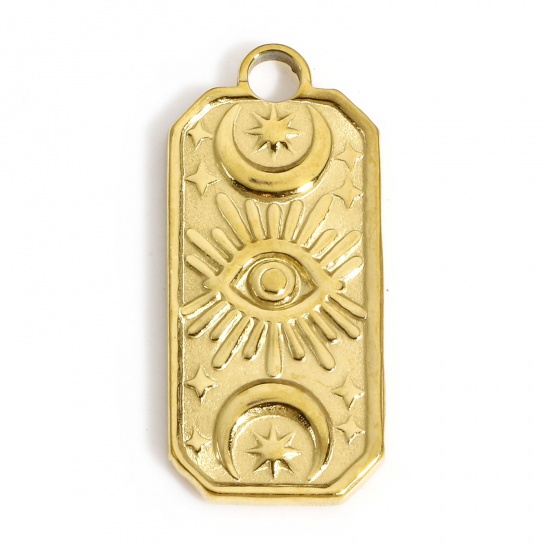 Picture of 1 Piece 304 Stainless Steel Religious Charms 18K Gold Color Rectangle Evil Eye 22.5mm x 10mm