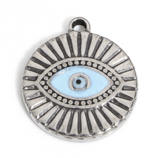 Picture of 1 Piece 304 Stainless Steel Religious Charms Silver Tone Round Evil Eye 21mm x 18.5mm