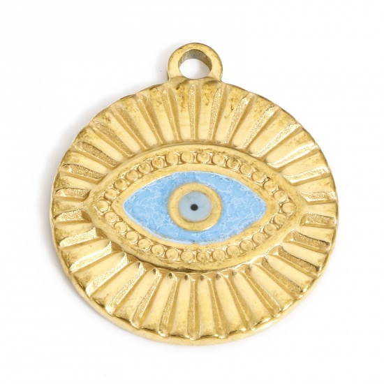 Picture of 1 Piece 304 Stainless Steel Religious Charms 18K Gold Color Round Evil Eye 21mm x 18.5mm