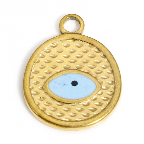 Picture of 1 Piece 304 Stainless Steel Religious Charms 18K Gold Color Round Evil Eye 20mm x 15mm